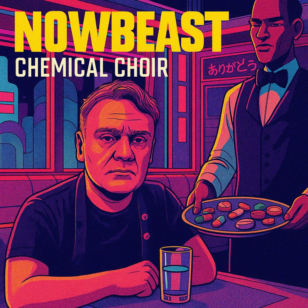 Illustrated cover titled “NOWBEAST – Chemical Choir.” A middle-aged man with a serious expression sits at a bar counter, one hand resting near a glass of water. A waiter in a vest and bow tie stands beside him holding a tray filled with colorful pills instead of food. The scene is lit with bold neon colors in dark pink, blue, and purple tones. Behind them, a window reflects stylized city lights and a sign in Japanese that reads “ありがとう” (“thank you”).