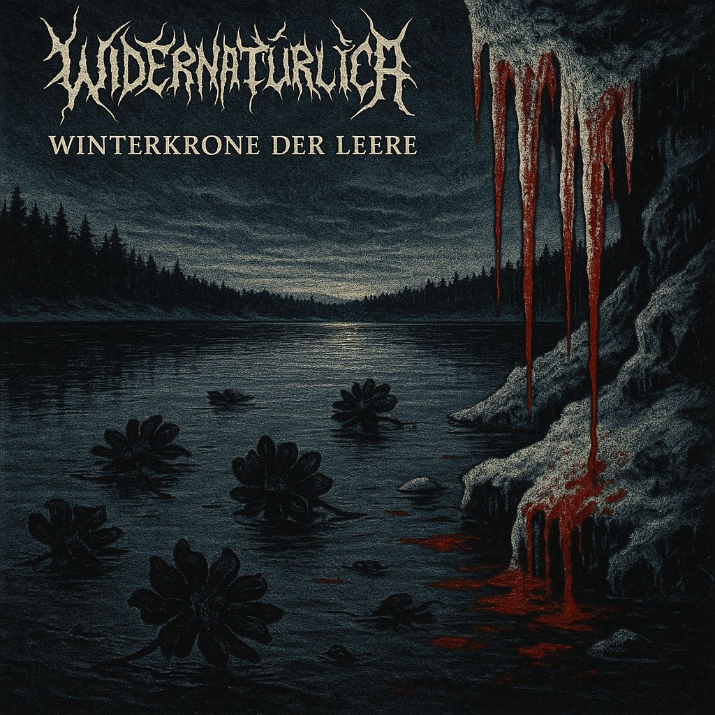 Dark, atmospheric black metal album cover depicting a moonlit lake surrounded by dense forest. Large black flowers float on the water, while vivid red blood pours down a rocky cliff on the right, staining the shoreline. At the top, the band name “Widernatürlich” appears in a jagged black-metal logo, with the album title “Winterkrone der Leere” written below.